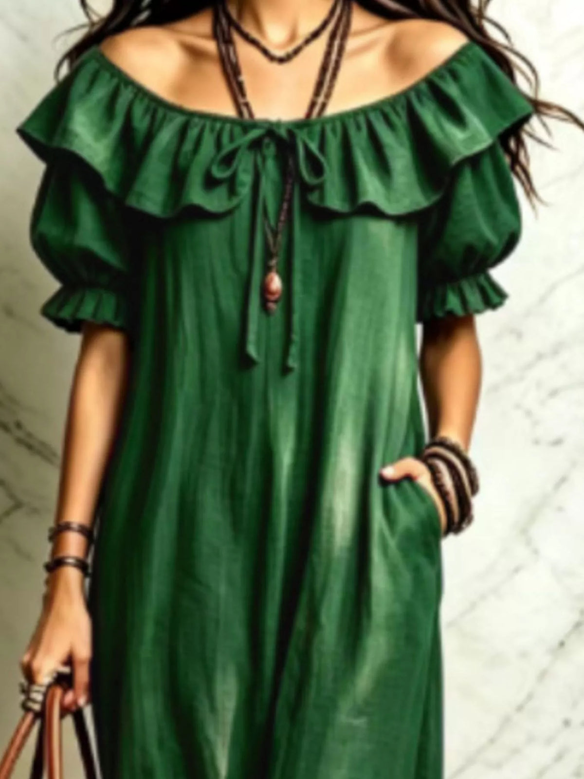 Ruffle Trim Puff Sleeve Maxi Dress - Dark Green - View 2