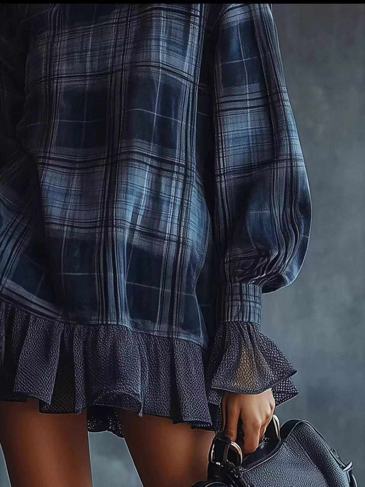 Full Size Plaid High-Neck Ruffled Hem Mini Dress Plus Size - Navy - View 2