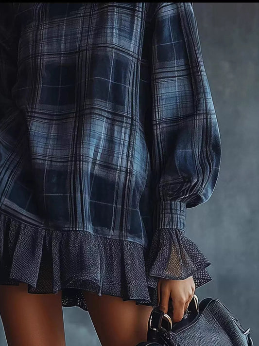 Full Size Plaid High-Neck Ruffled Hem Mini Dress Plus Size - Navy - View 2