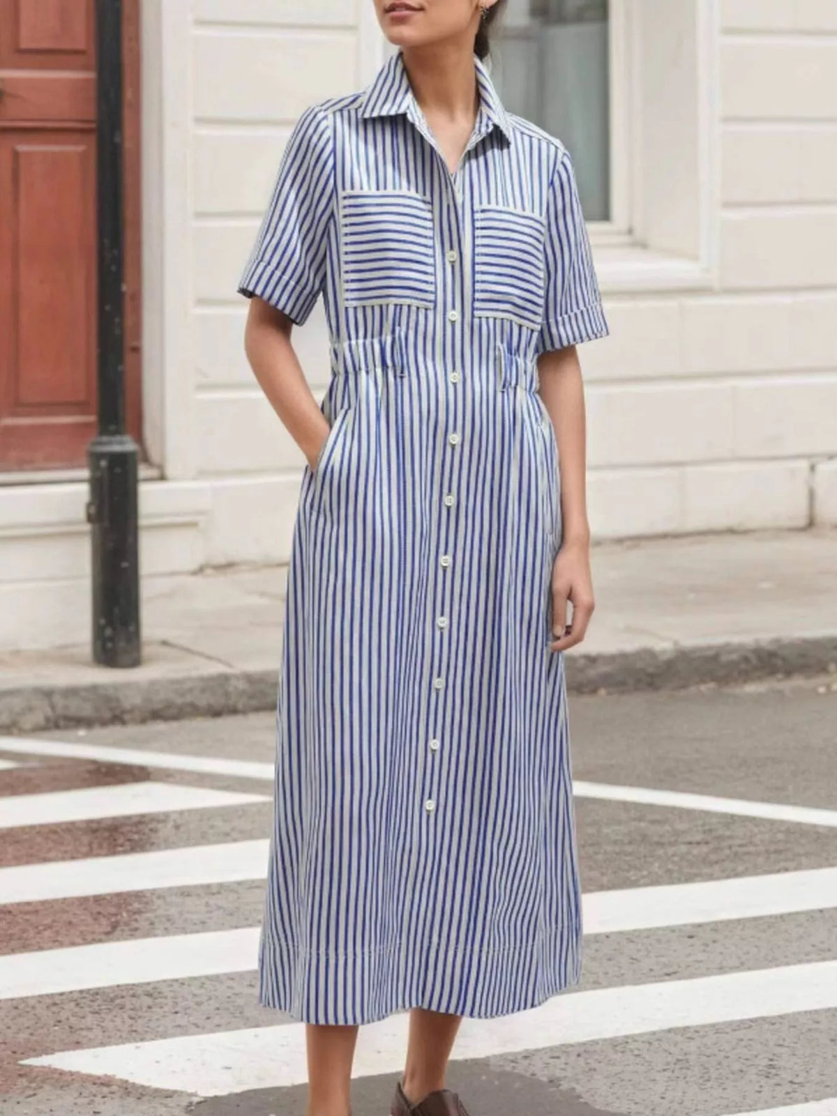 Striped Button Front Shirt Dress - Blue Stripes - View 3