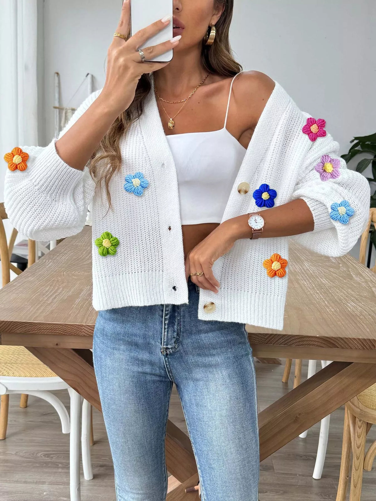 3D Floral Appliques Button Up Cardigan - White - View 2