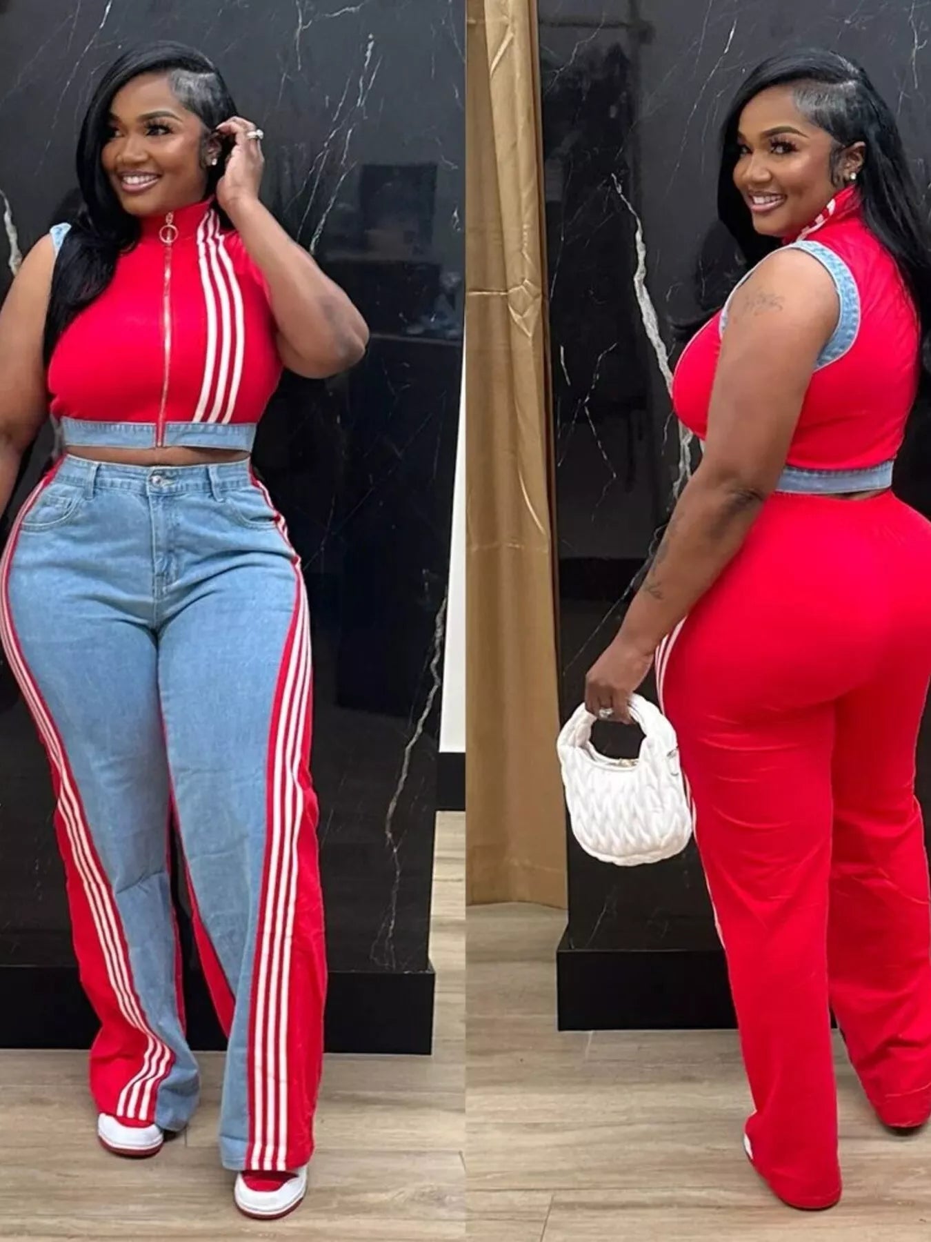 Zip Front Crop Top and Striped Pants Set - Red - Styled Front and Rear Views