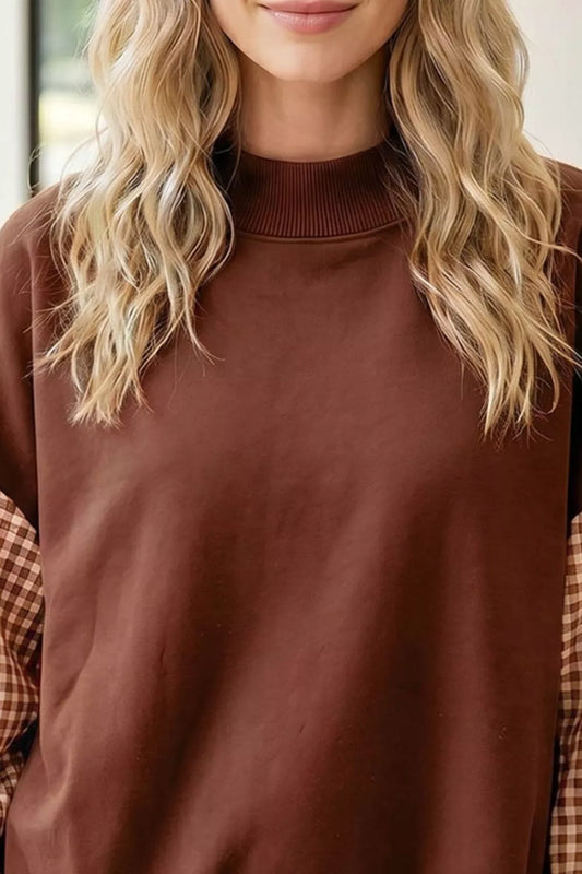 Plaid Sleeve Colorblock Loose Tunic Sweatshirt - Dark Brown - View 2