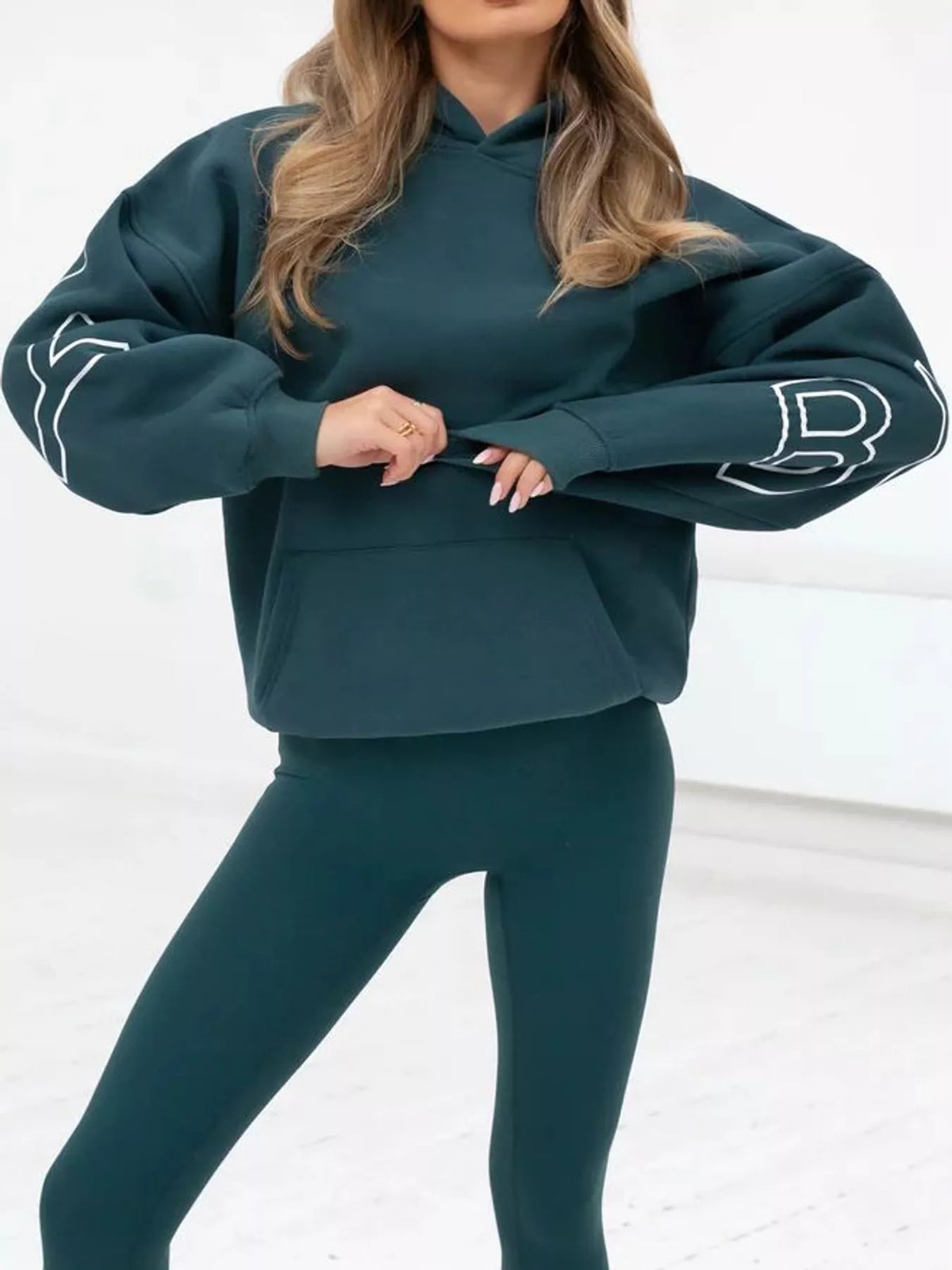 Letter Back Hoodie with Kangaroo Pocket - Dark Green - View 11
