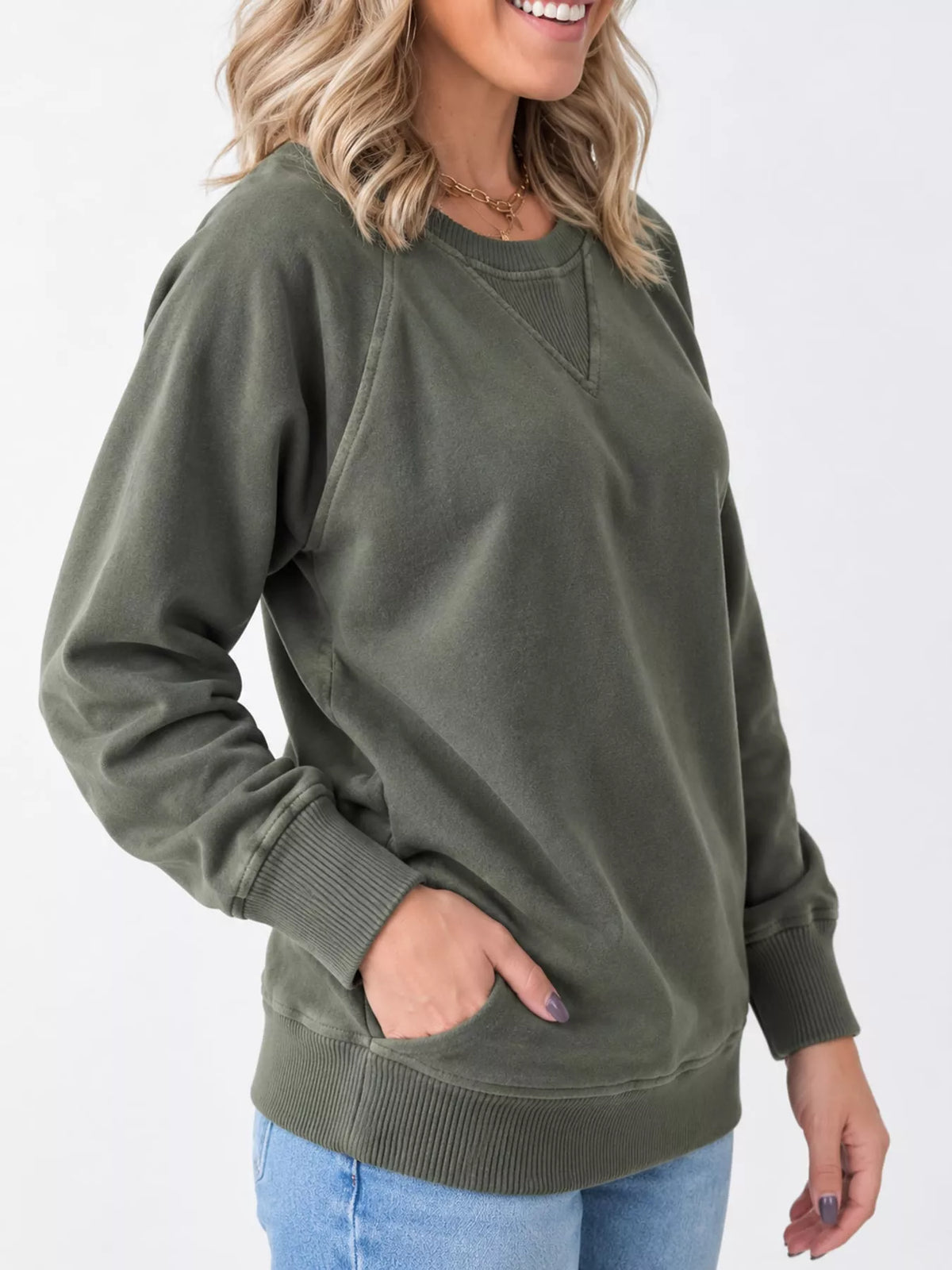 Crew Neck Raglan Sleeve Sweatshirt - Army Green - View 7