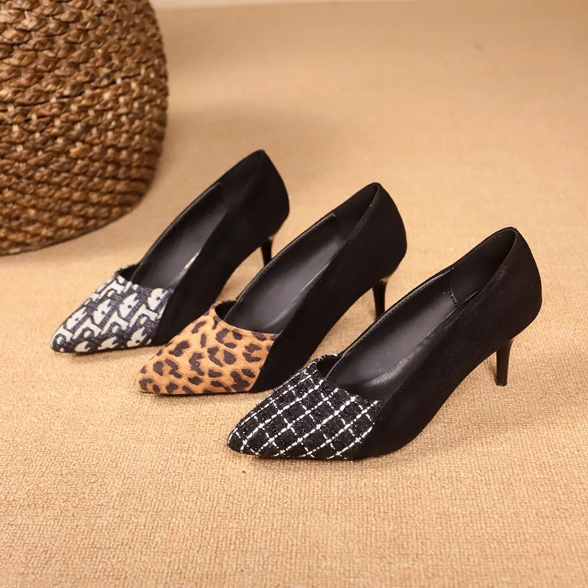 Point Toe Suede Pumps - Black And White, Yellow Leopard Print and Black Plaid pumps together - View 1