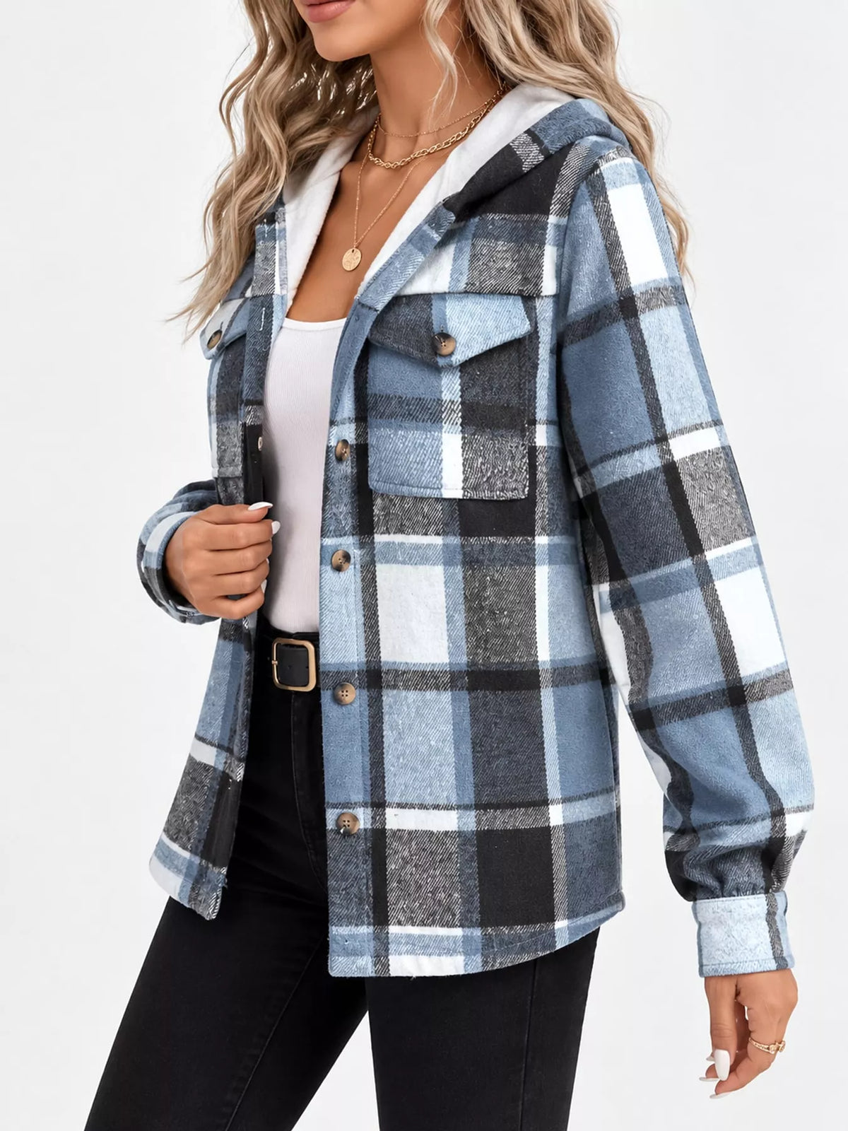 Fleece-Lined Plaid Button Up Shacket - Light Blue - View 8