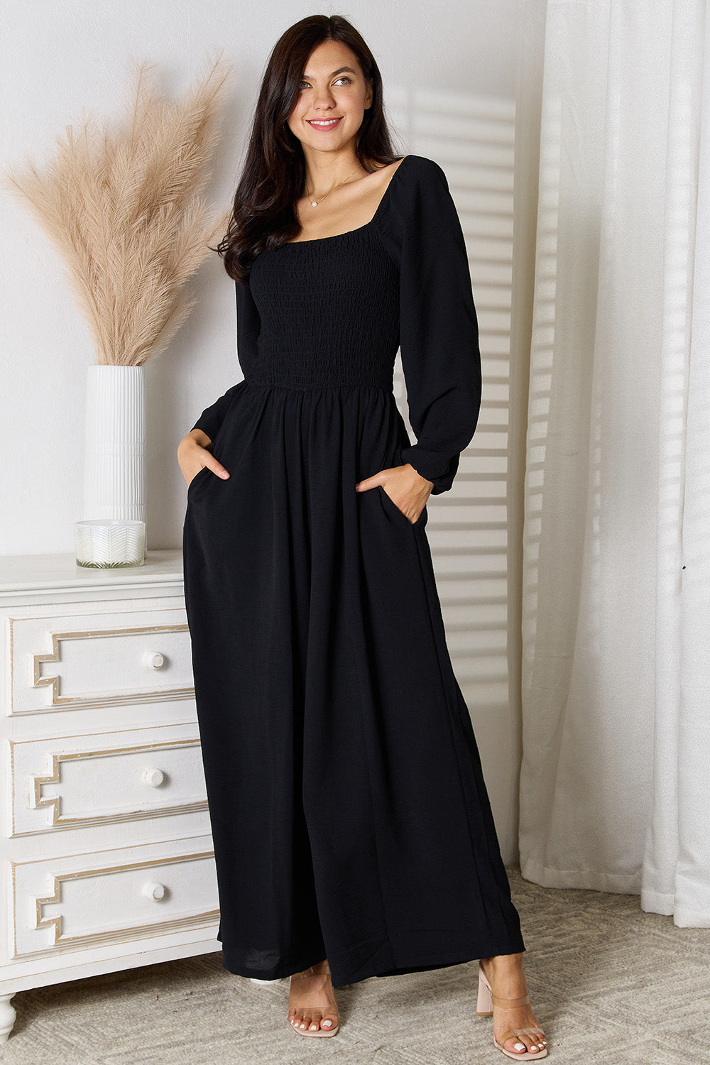 Double Take Square Neck Jumpsuit with Pockets - Black - View 5