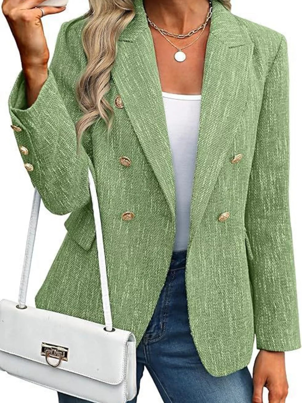 Double-Breasted Lapel Collar Blazer - Green - View 4