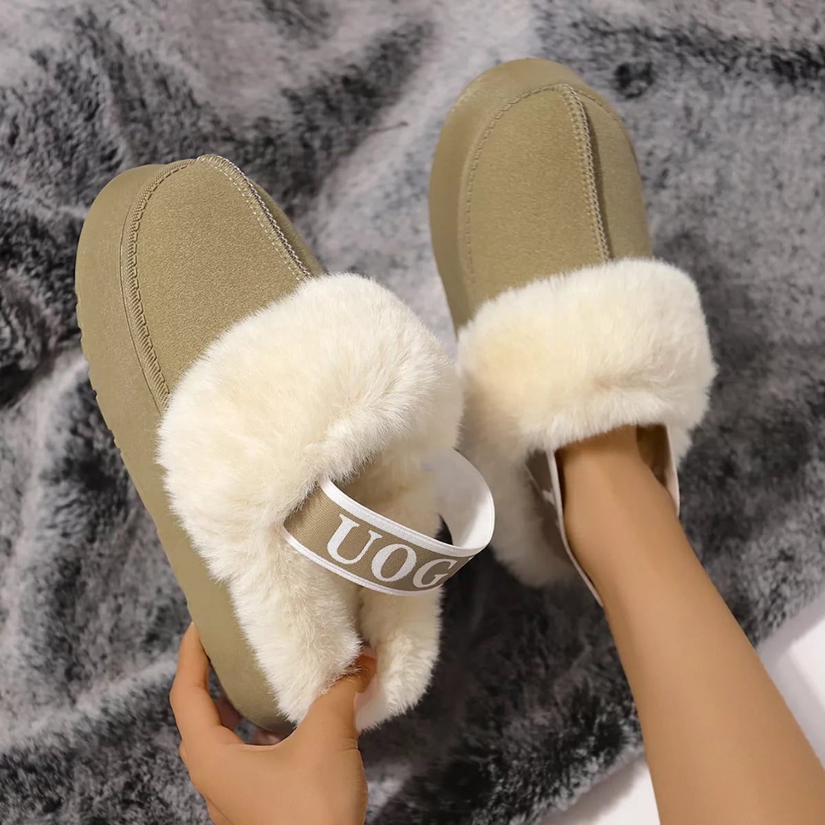 Round Toe Fur Trim Platform Slippers - Sage - View 4