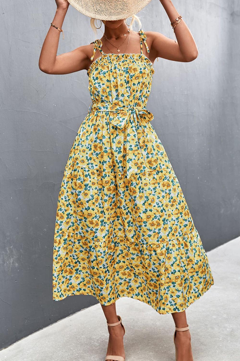 Floral Tie-Shoulder Belted Dress - Chartreuse - View 6