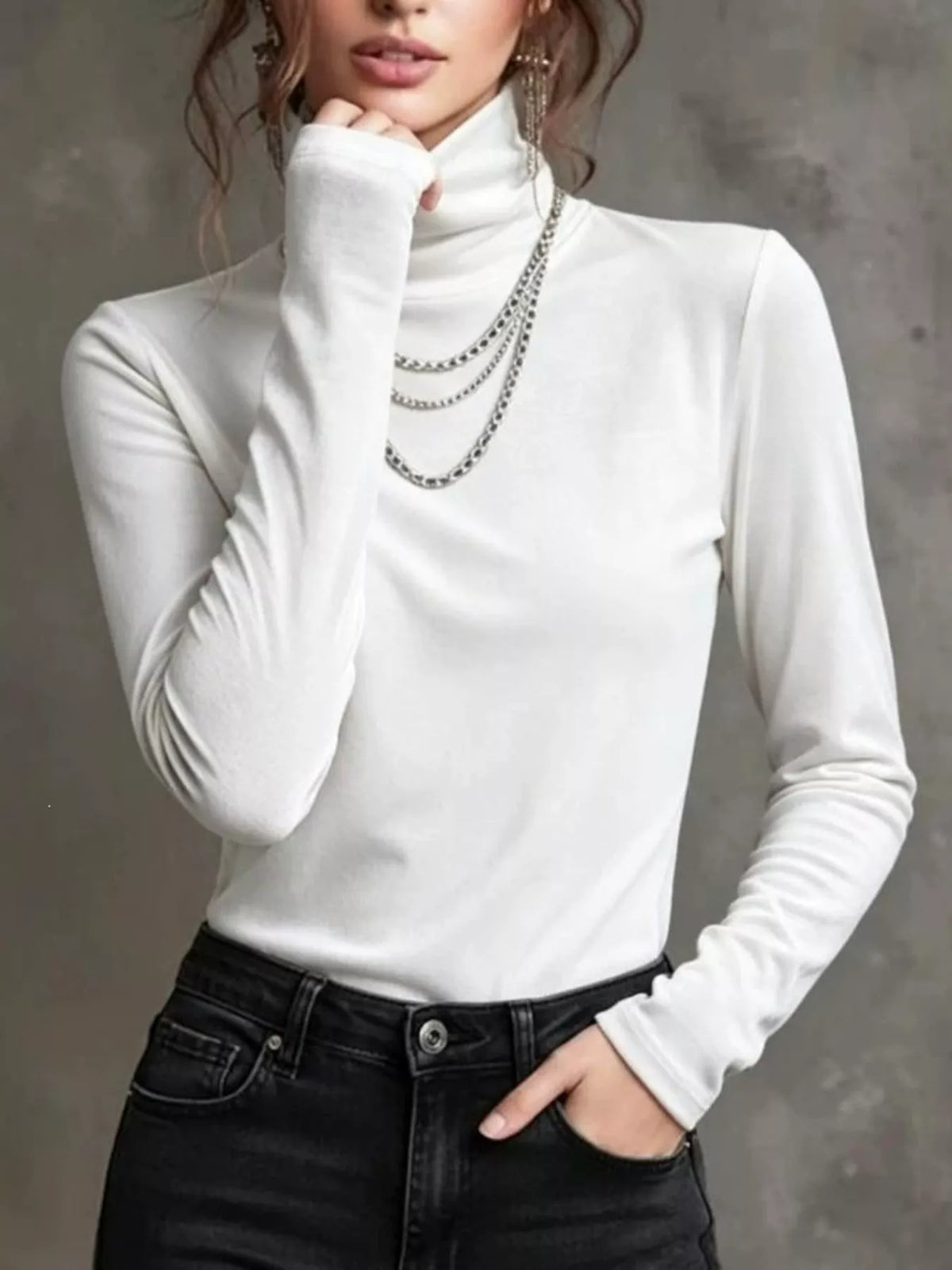 Full Size Velvet Turtleneck Long Sleeve T-Shirt Plus Size - White - View 1