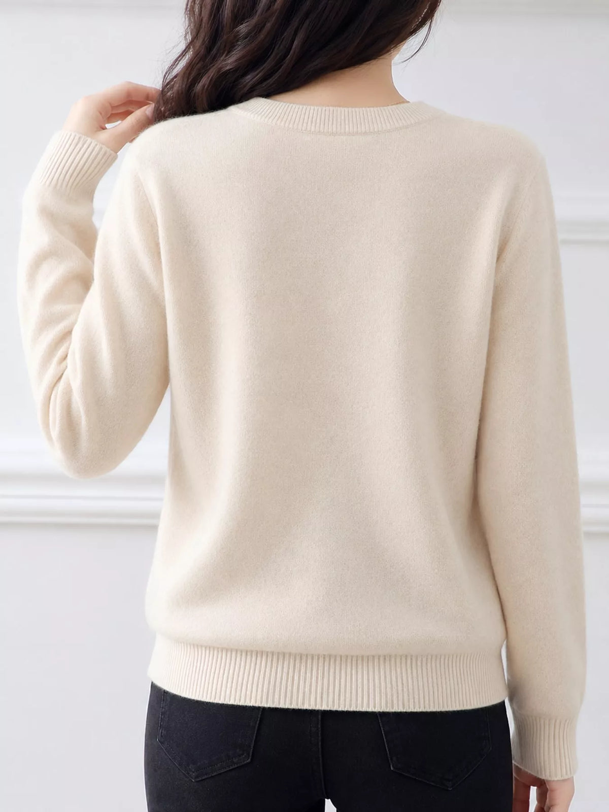 Crew-Neck Button-Down Cardigan - Beige - View 3