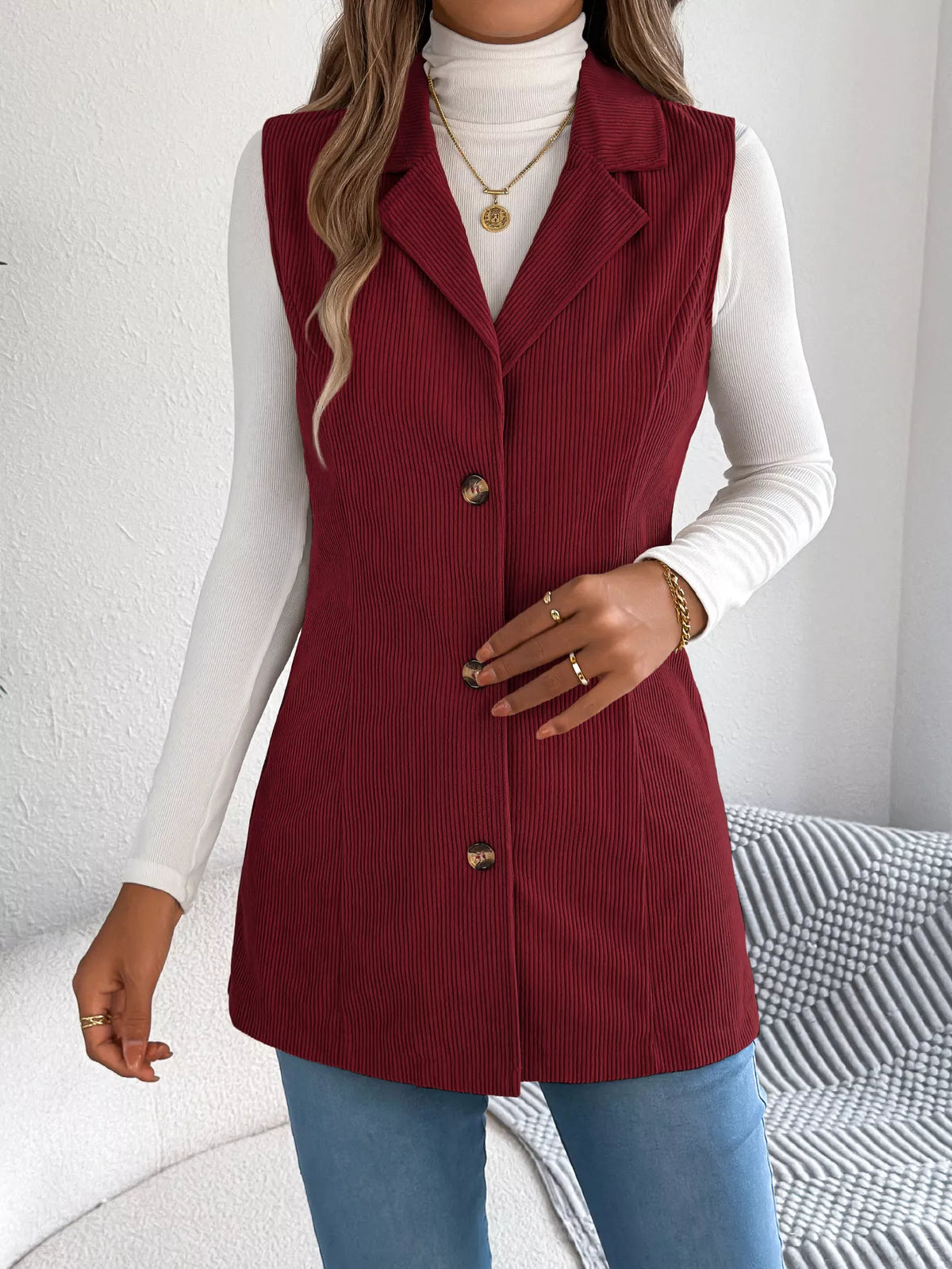 Button-Front Longline Vest Coat - Burgundy - View 9