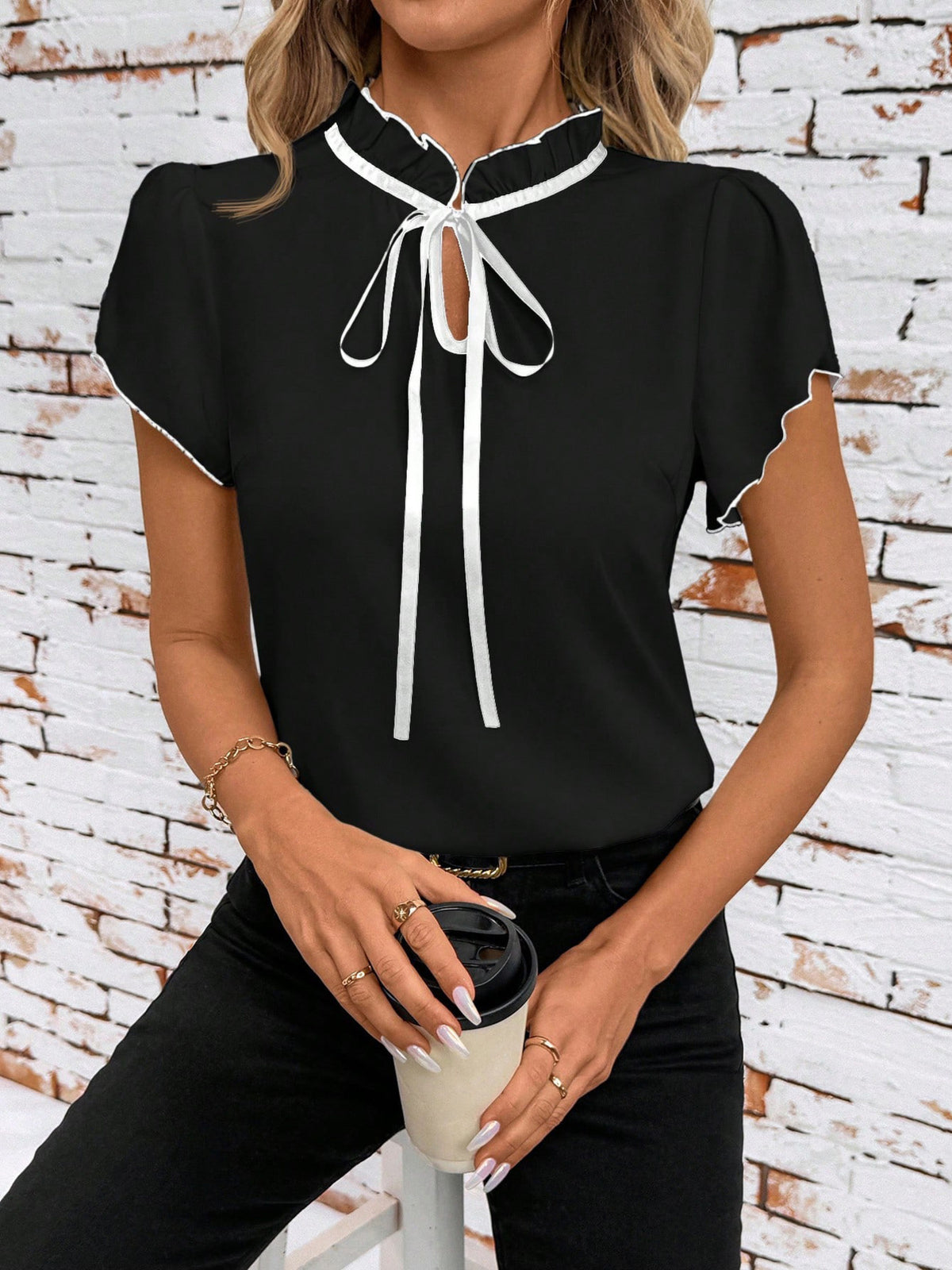 Tie Neck Short Sleeve Blouse - Black - View 12