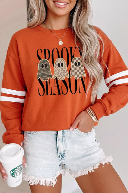 Spooky Season Ghost Graphic Varsity Striped Sleeve Halloween Pullover Sweatshirt - Orange - View 4