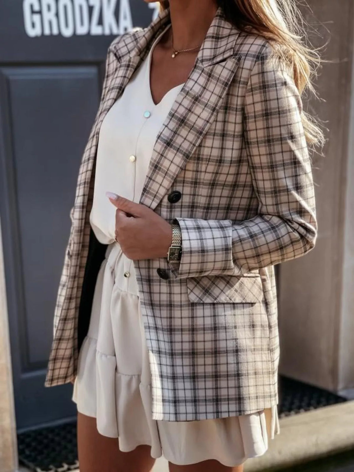 Double-Breasted Blazer - Khaki - View 11