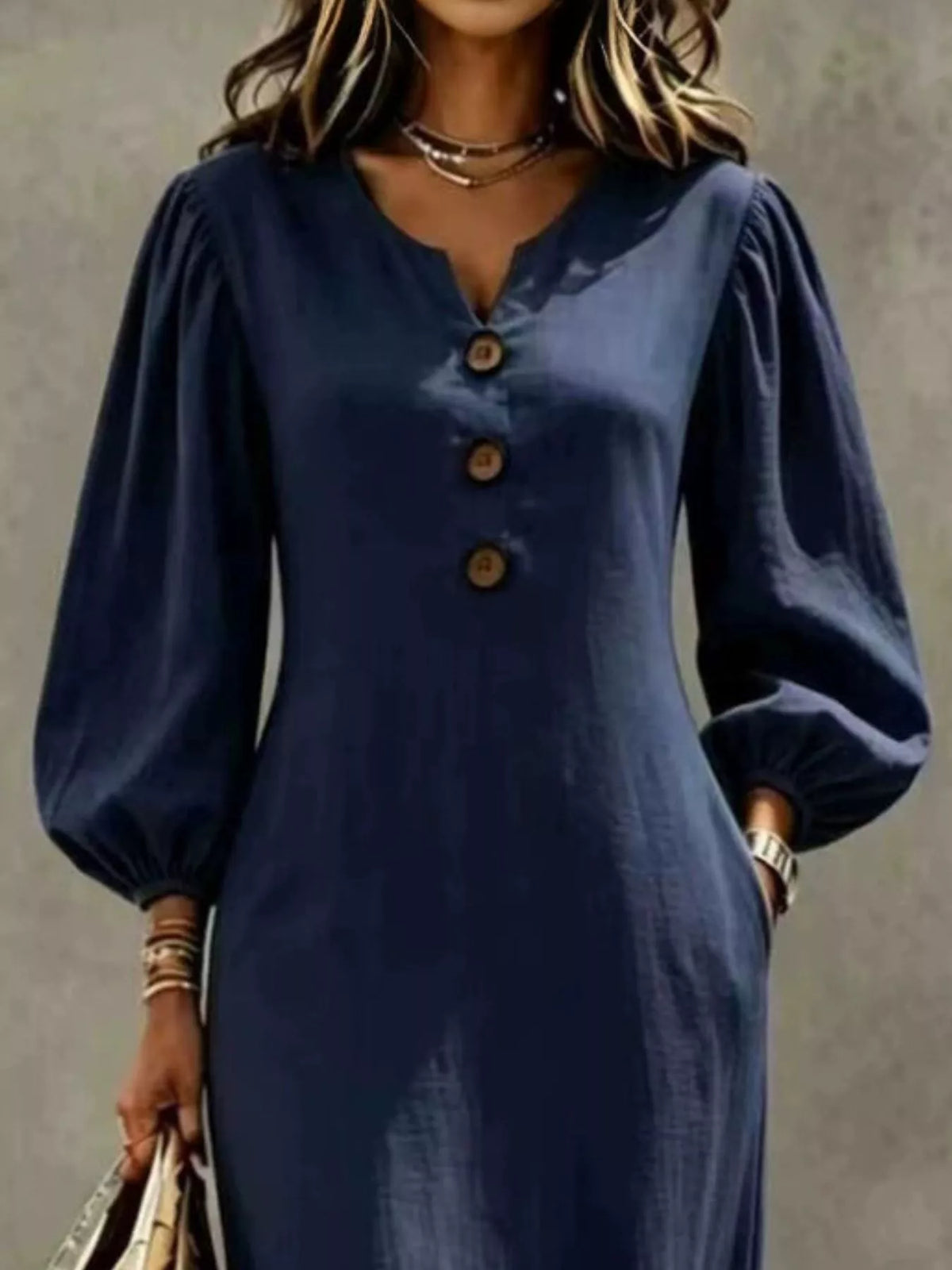 Decorative Button Balloon Sleeve Maxi Dress - Navy - View 2