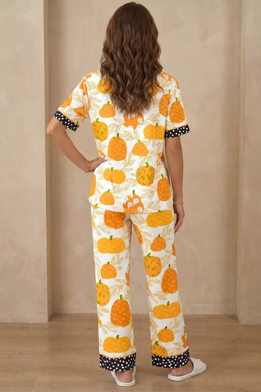 Short Sleeve Pumpkin Print Polka Dot Trim Pocket Placket Lounge Set - Sherbet - View 5