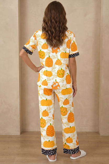 Short Sleeve Pumpkin Print Polka Dot Trim Pocket Placket Lounge Set - Sherbet - View 5