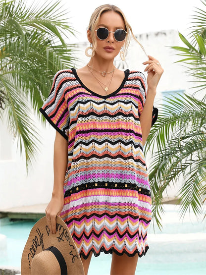 Angel Wings Rainbow Stripe Scalloped V-Neck Cover-Up Dress - Black - View 5