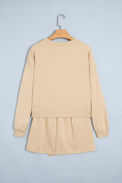 Parchment Solid Color Long Sleeve Top Split Skort 2pcs Outfit