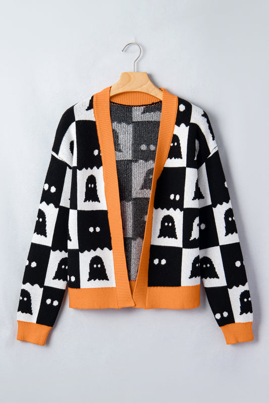 Black Geometric Ghost Print Drop Shoulder Knit Cardigan - Black - 4