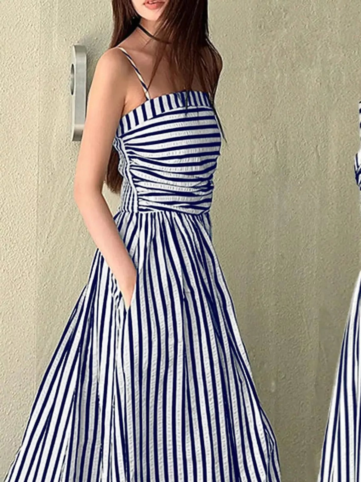 Striped Spaghetti Strap A-Line Maxi Dress - Blue - View 6