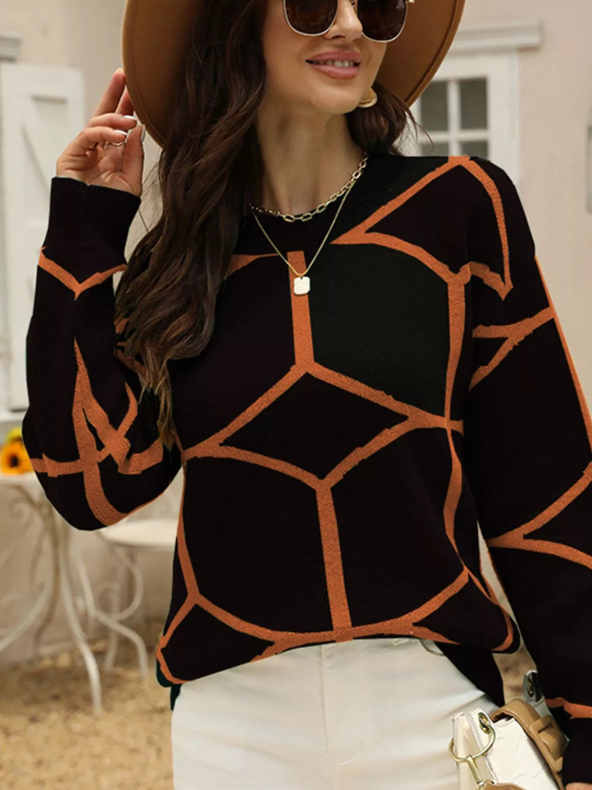 Geometric Pattern Crew Neck Sweater - Black - View 1