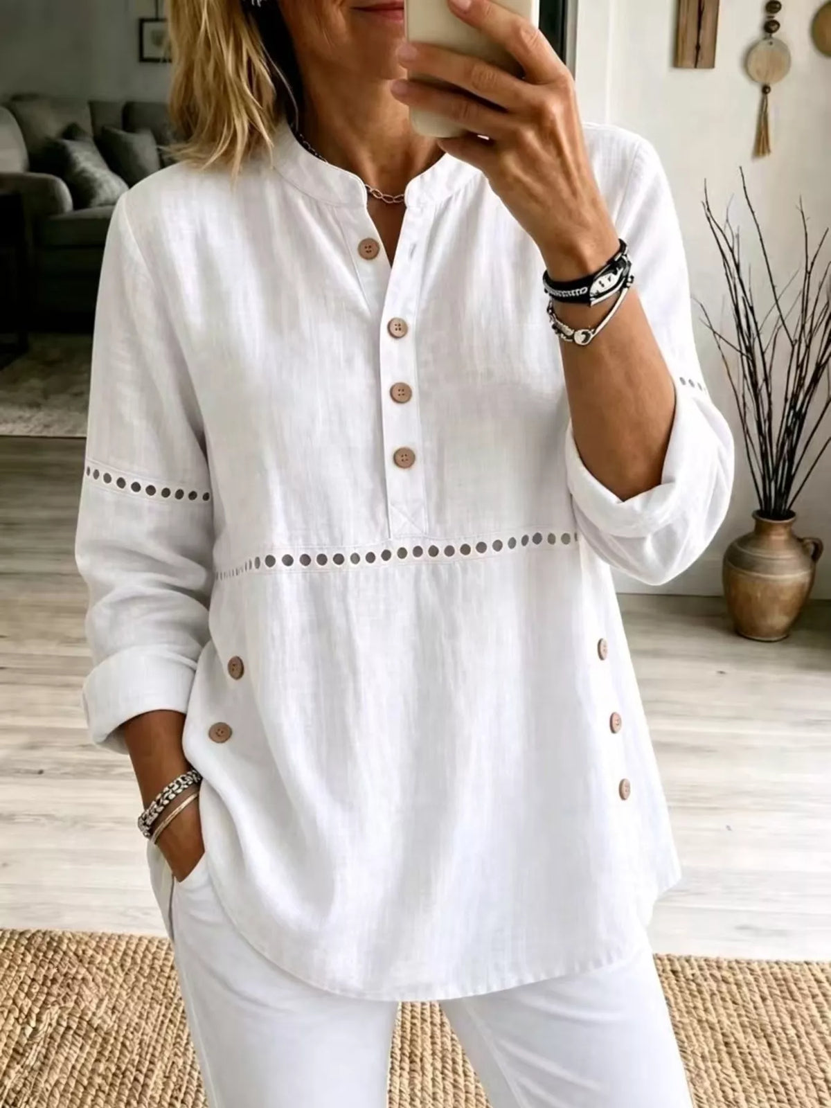 Full Size Button Detail Eyelet Long Sleeve Blouse Plus Size - White - View 1