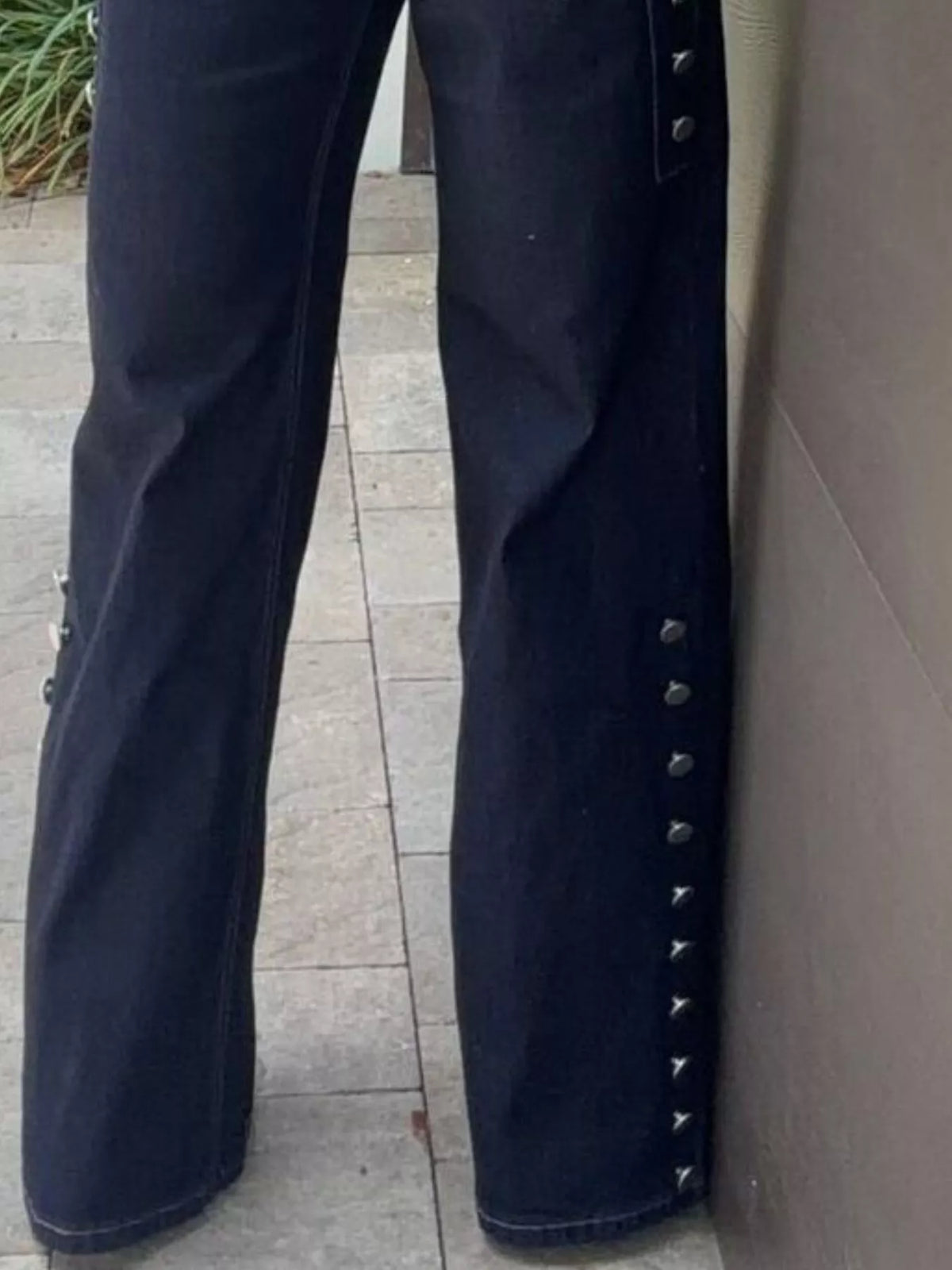 Decorative Button High-Waisted Wide-Leg Jeans - Dark Blue - View 3