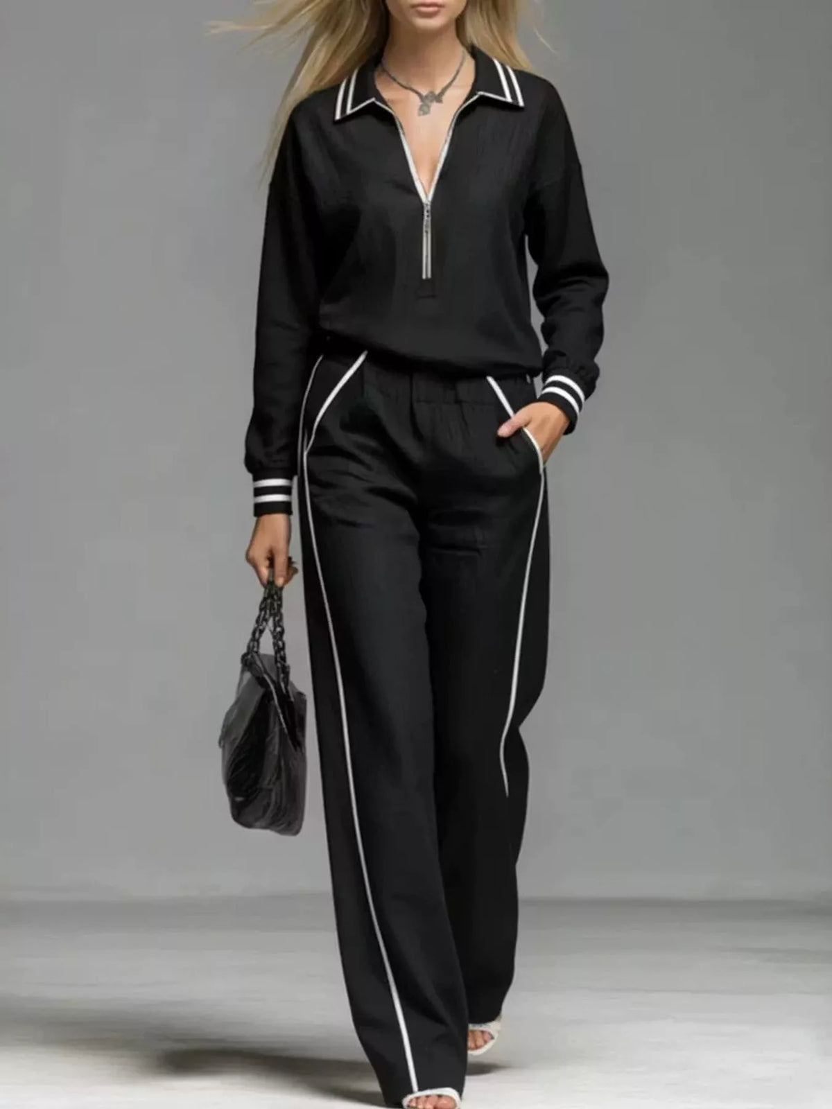 Striped Half Zip Top and Pants Set - Black - View 6