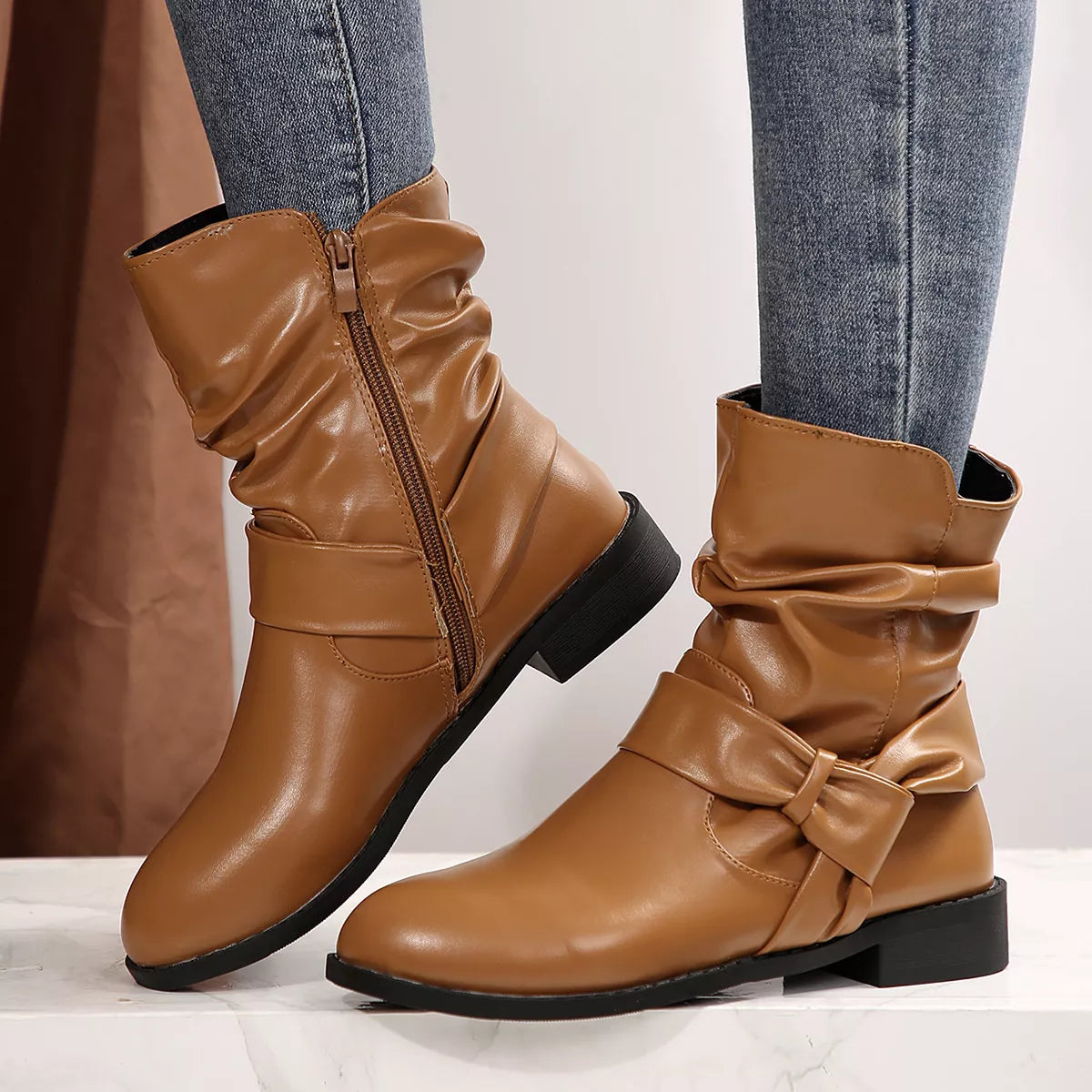 Round Toe Low Heel Boots - Brown - View 8