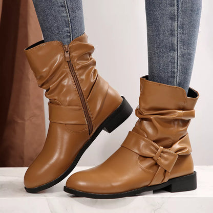 Round Toe Low Heel Boots - Brown - View 8