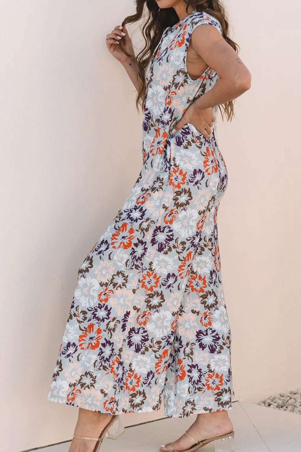 Floral Sleeveless Button Front Wide Leg Jumpsuit - Floral - View 4