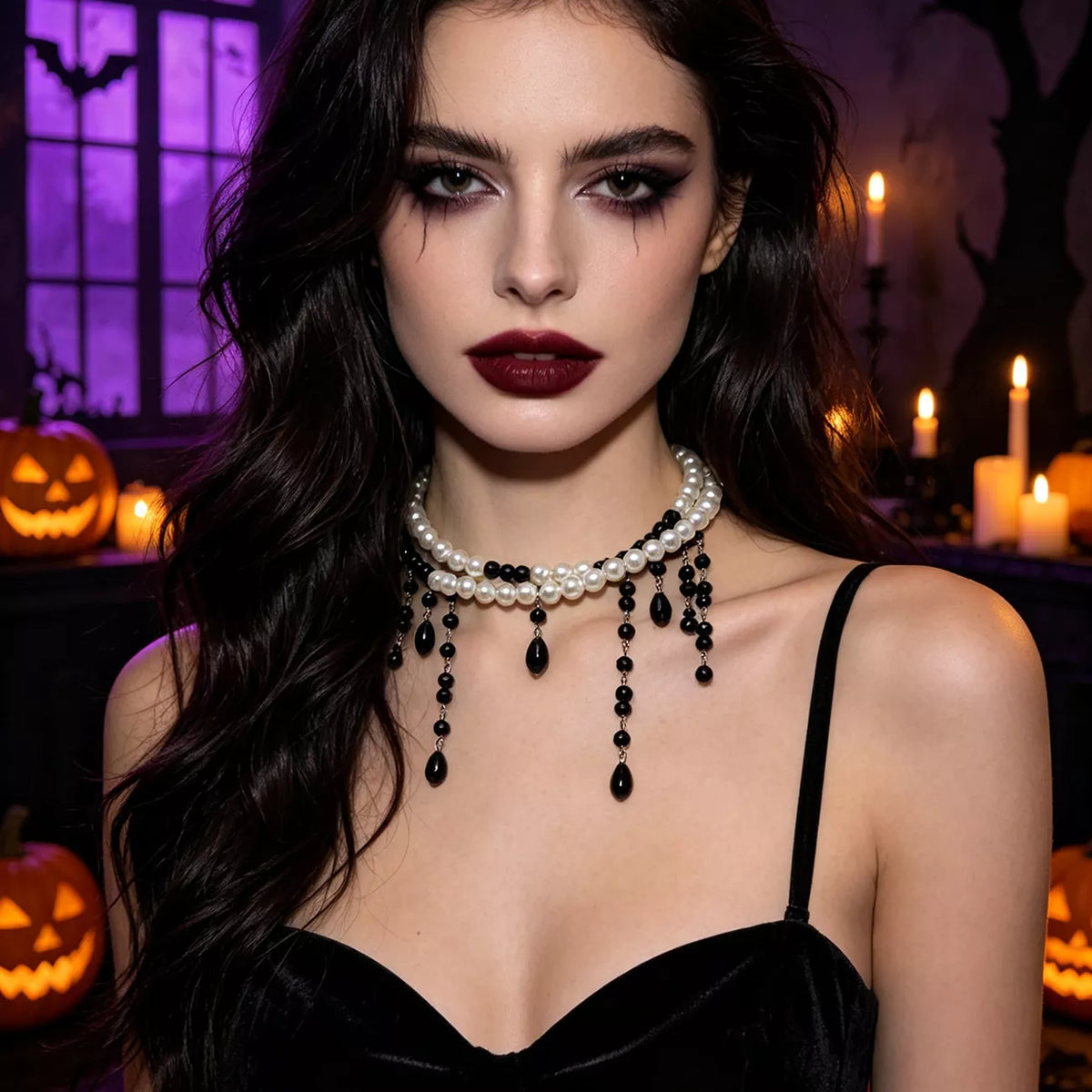 Halloween Pearl Double Layered Choker Necklace - Black - View 1