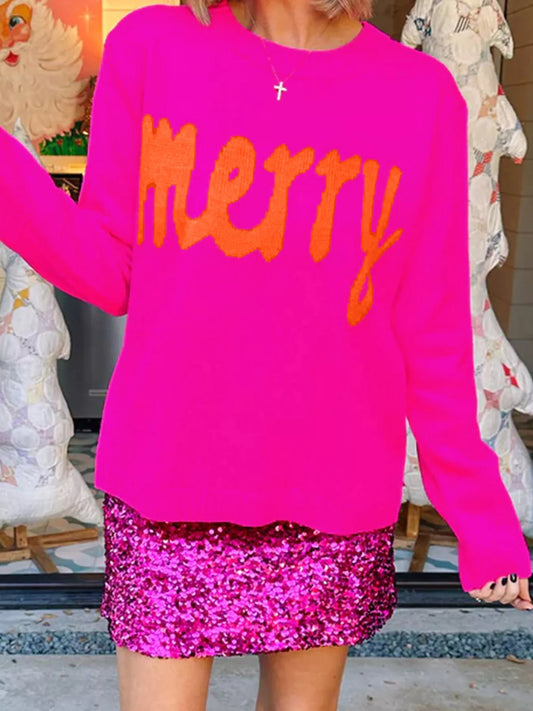 Merry Print Ribbed Trim Round Neck Loose Fit Sweater - Fuchsia Pink - View 1