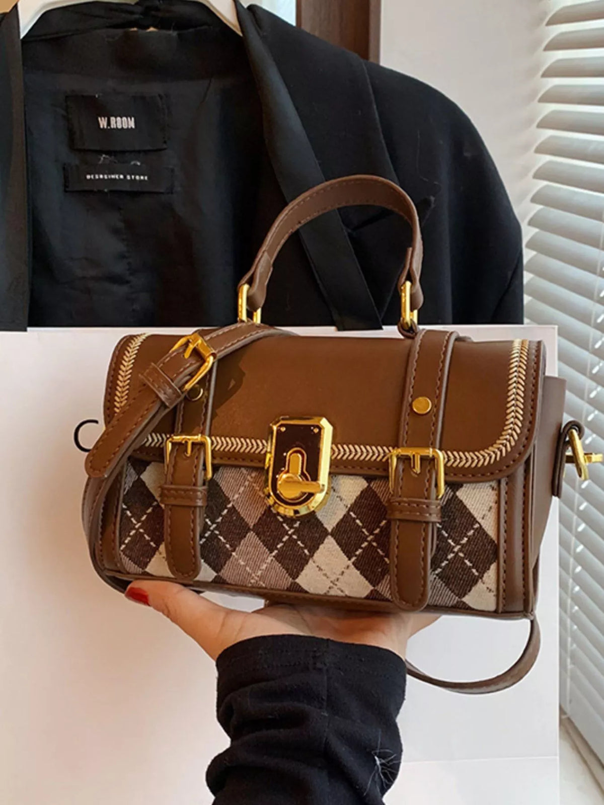 Argyle Pattern Flap Crossbody Bag - Brown - View 2