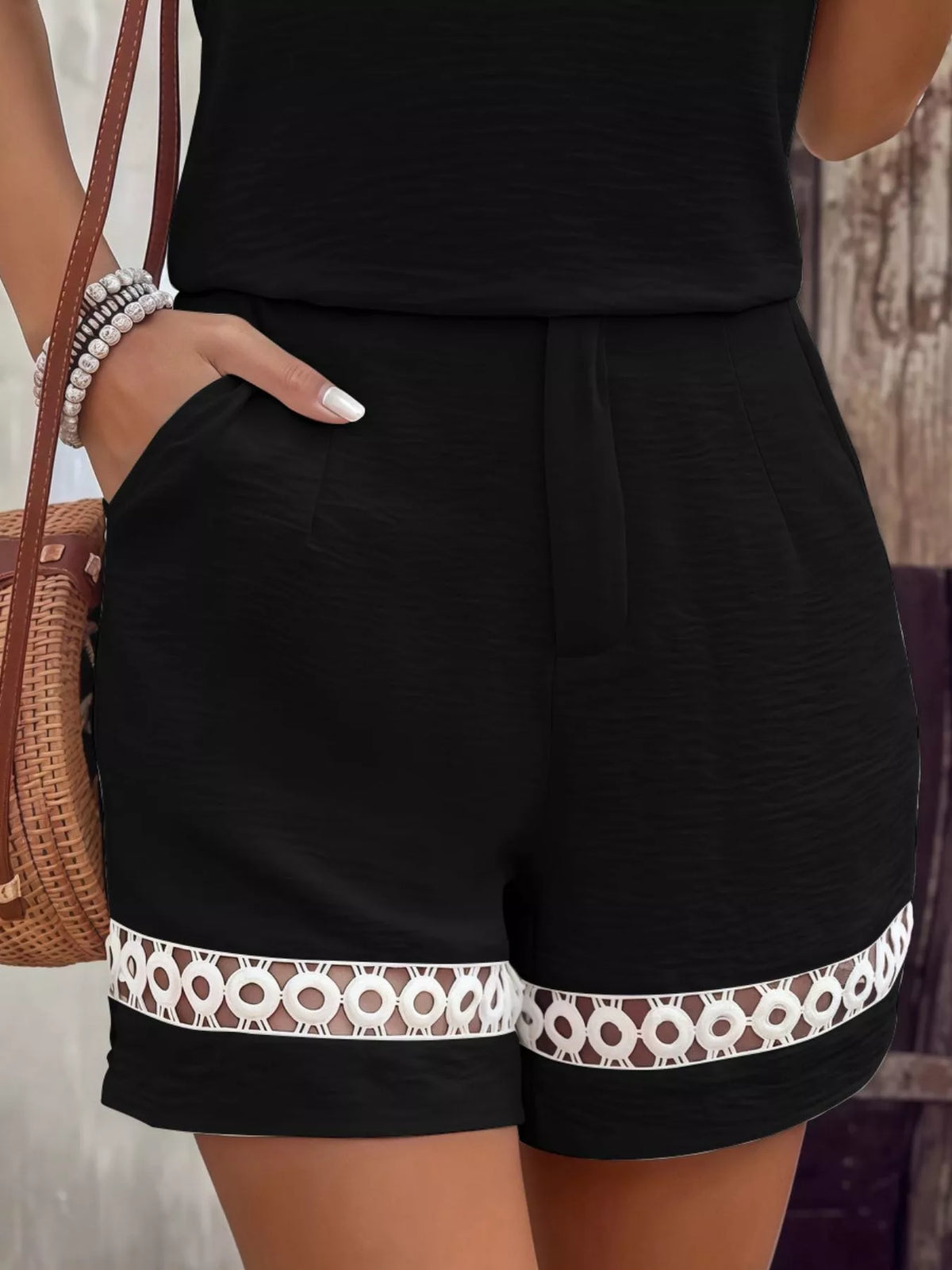 Lace Trim Short Sleeve Top and Shorts Set - Black - View 3