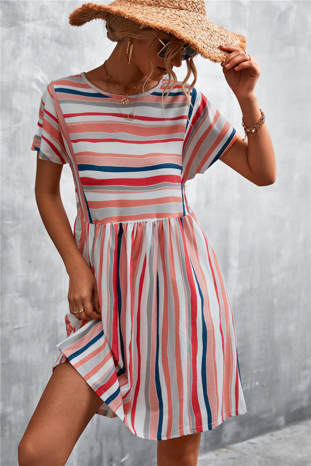 Striped Round Neck Dress - Coral - View 1