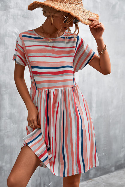 Striped Round Neck Dress - Coral - View 1