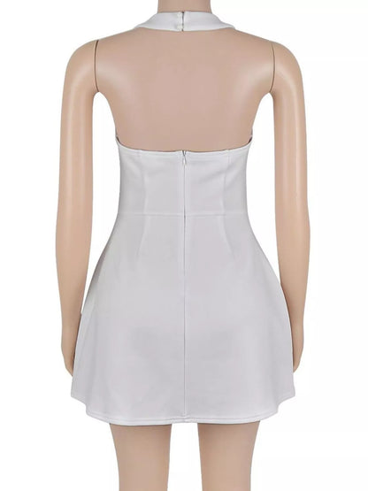 Halter Neck Mini Dress with Flap Pocket Detail - White - View 5