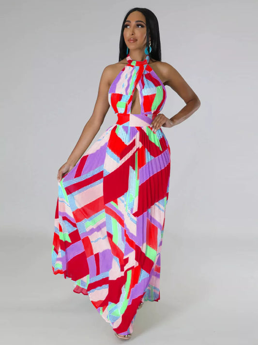Halter Neck Geometric Print Pleated Maxi Dress - product photo 2