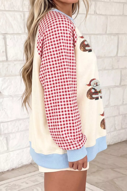Sequin Santa Plaid Sleeve Pullover Graphic Sweatshirt - Beige - View 2
