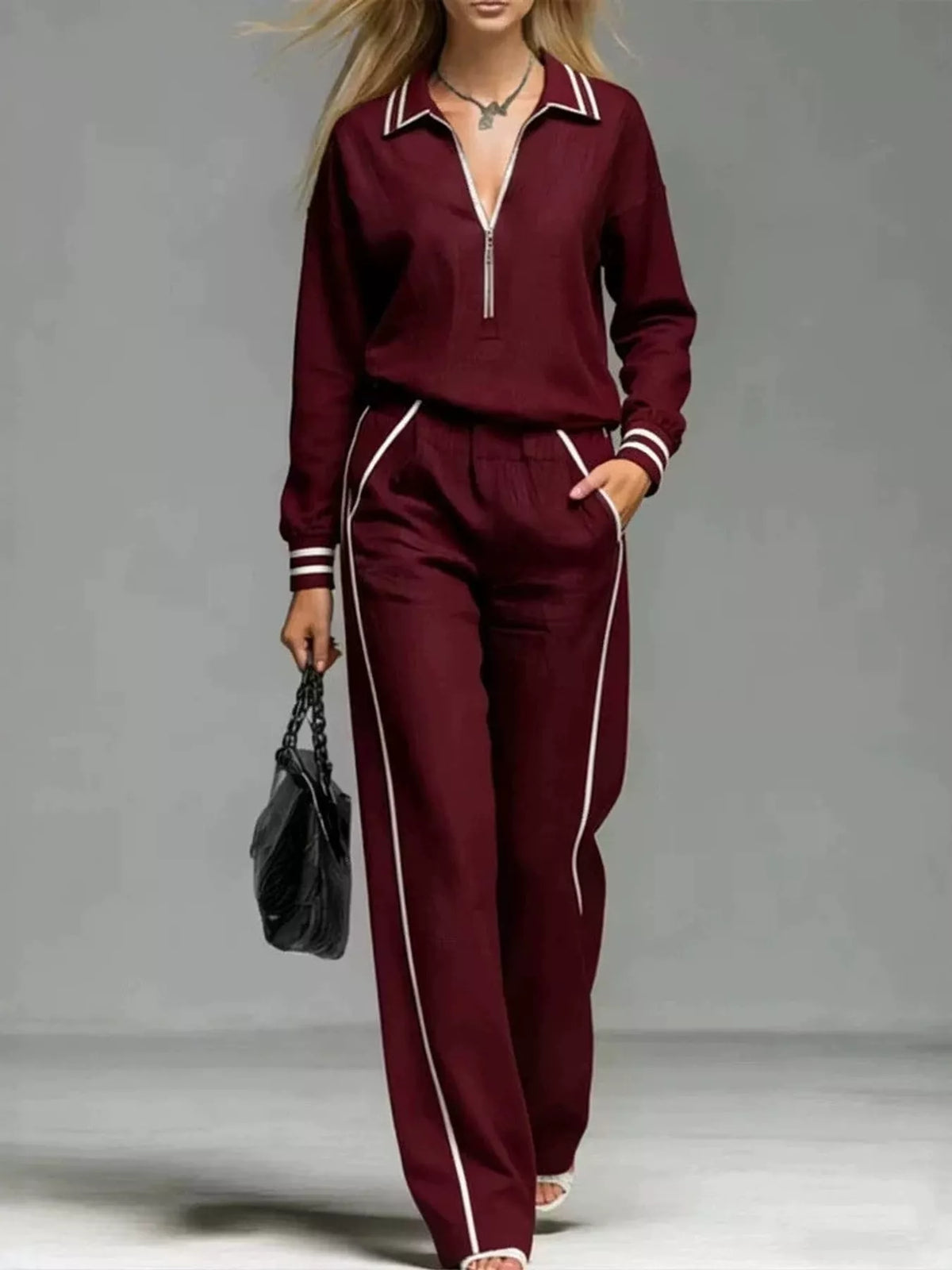Striped Half Zip Top and Pants Set - Burgundy - View 11