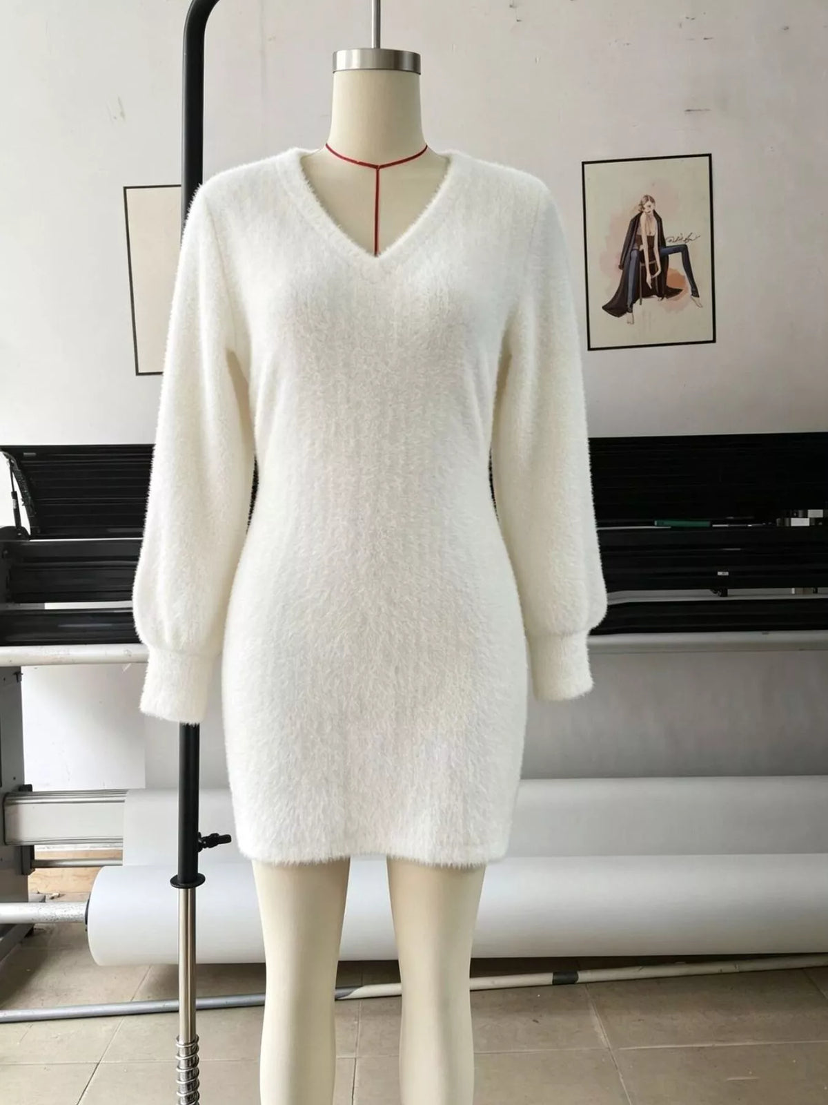 Fuzzy V-Neck Long Sleeve Sweater Dress - White - View 7