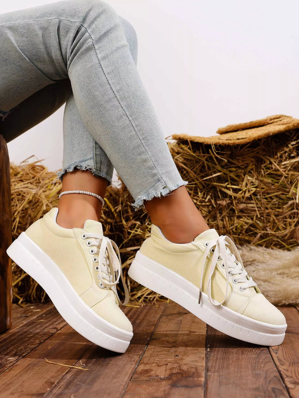 Lace Up Platform Sneakers - Ivory - View 6