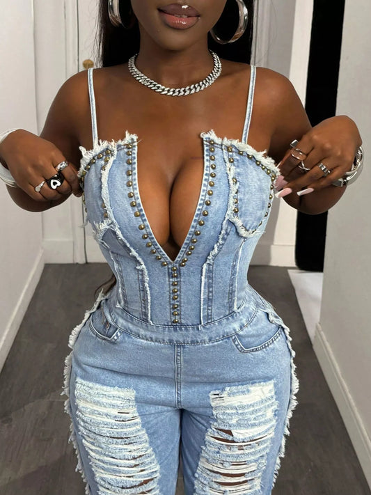 Distressed Spaghetti Strap Wide-Leg Denim Jumpsuit - product photo 2