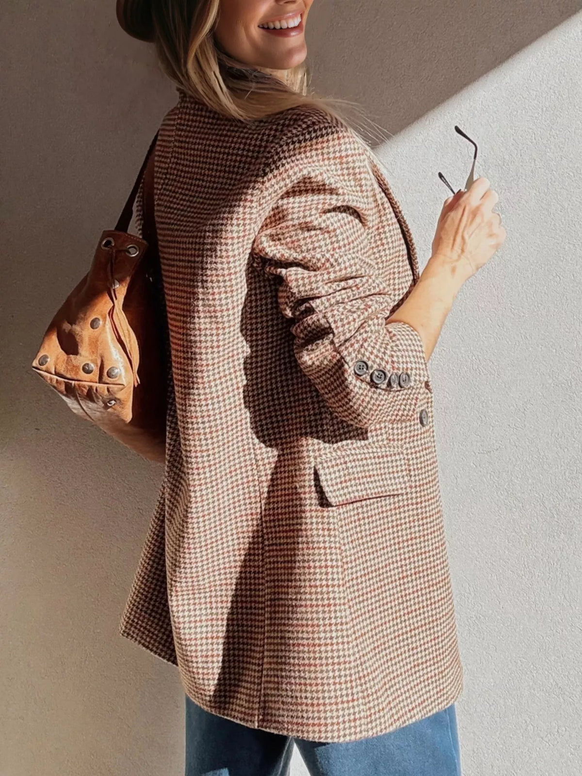 Houndstooth Lapel Collar Blazer - Camel - View 5