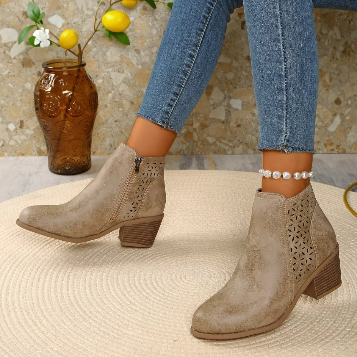 Point Toe Block Heels Boots - Khaki - View 24